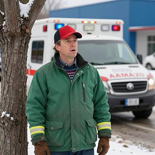 Surprised Man by Tree with Ambulance in Snow