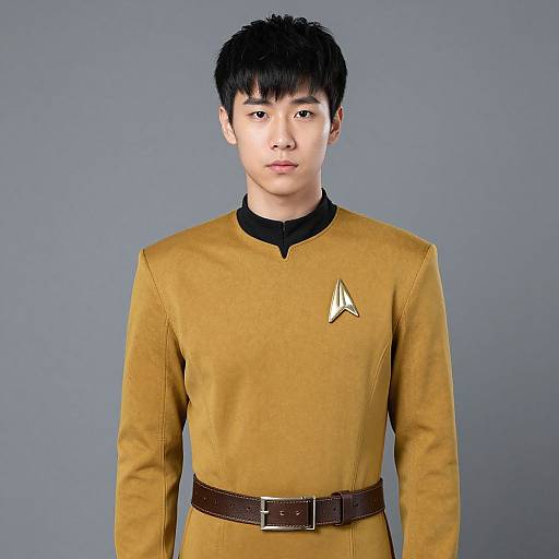 Photograph of an Asian man with short black hair, wearing a mustard-yellow Star Trek-style uniform with black collar, triangular pocket emblem, brown belt,