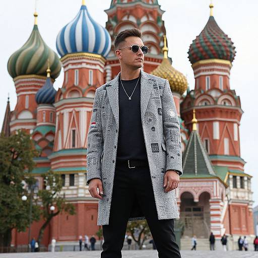 Photograph: Young man with short dark hair, sunglasses, black shirt, and patterned gray coat, stands confidently in front of Moscow's colorful,