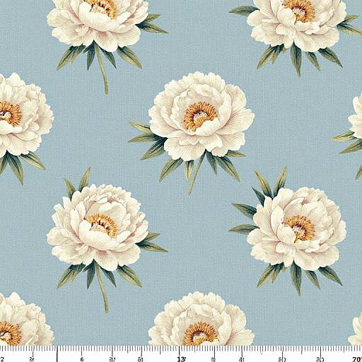 Digital floral pattern with white peonies and green leaves on a light blue background, featuring a subtle textured grid.