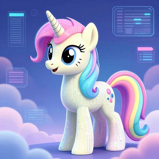 Digital CGI of a white, cartoon unicorn with a pink, blue, and yellow mane and tail, large blue eyes, and a smiling expression, standing