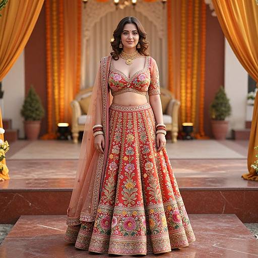 Photograph of an Indian woman in a vibrant, red and gold floral embroidered lehenga and crop top, standing on a marble stage with orange curtains,