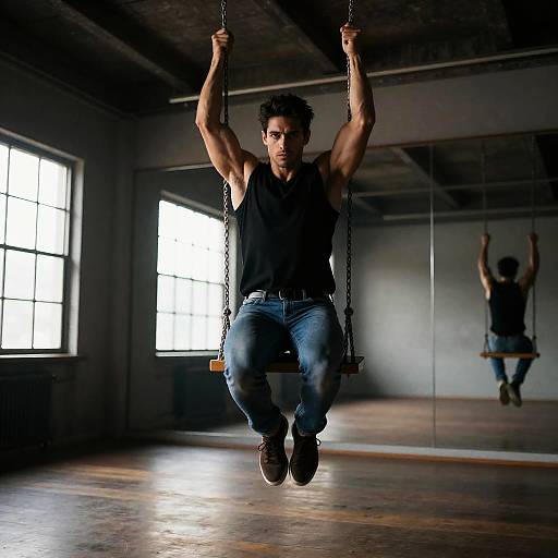 Muscular Man on Swing in Industrial Room