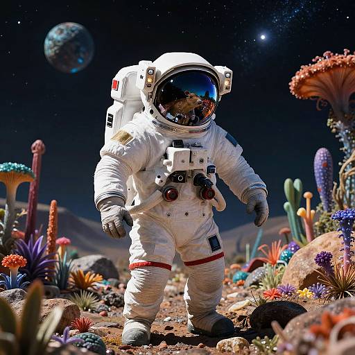 Photorealistic CGI of a child-sized astronaut standing in a vibrant, alien desert with colorful cacti, rocky terrain, and a starry night