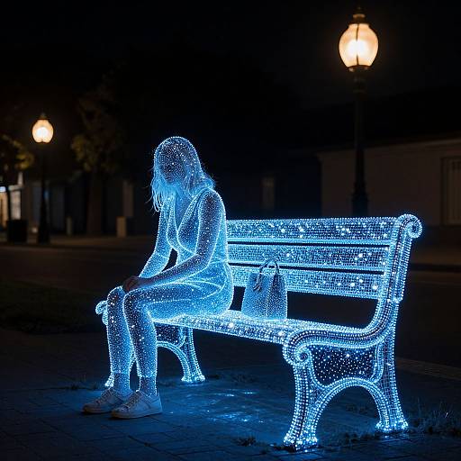 Photograph of a glowing blue-lit bench and person, with illuminated outlines, sitting at night under street lamps. Dark background.