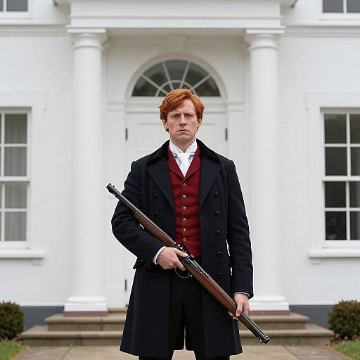 Photograph of a red-haired man in 18th-century attire, black coat, red vest, white shirt, holding a rifle, standing in front