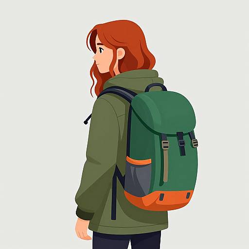 Digital anime-style drawing of a red-haired girl with wavy hair, wearing a green hoodie and carrying a green and orange backpack.