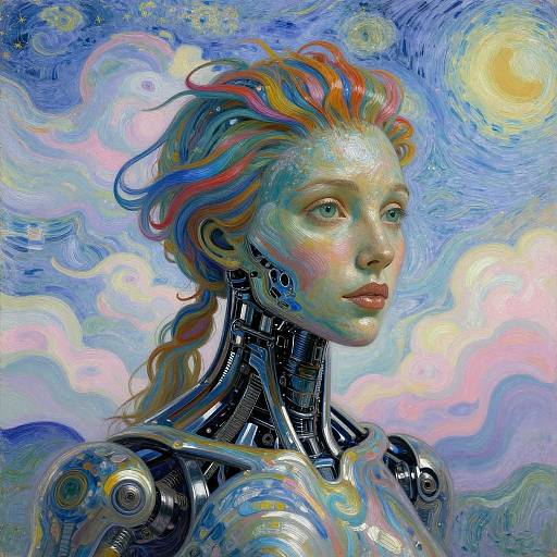 Digital painting of a cyborg woman with colorful, wavy hair, mechanical neck and shoulders, against a swirling blue, pink, and yellow abstract sky