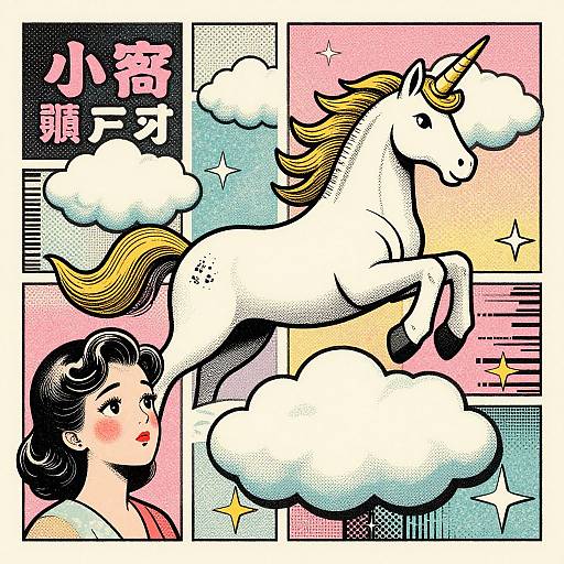 Digital pop art illustration of a white unicorn leaping among clouds with a Japanese woman in a pink top on the left. Pastel colors and bold black