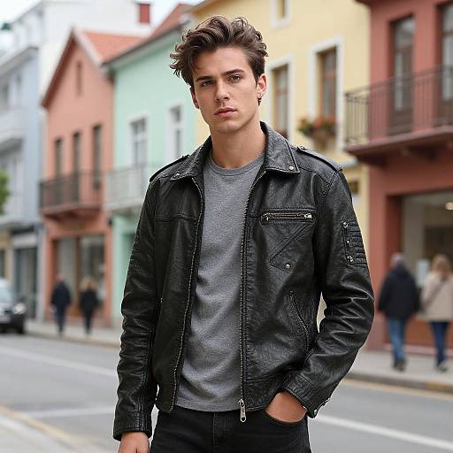Photograph of a handsome young man with short, wavy brown hair, wearing a black leather jacket and gray tee, standing on a colorful, urban
