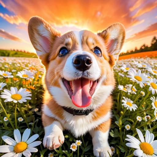 Playful Corgi Puppy in Daisy Field