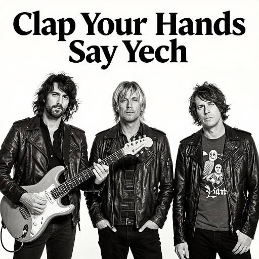 Black-and-white photo of three rock musicians in leather jackets, holding guitars, with 