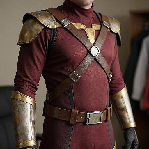 Photograph of a man in medieval-style armor, wearing a maroon tunic with gold shoulder and arm plates, brown leather straps, and black gloves