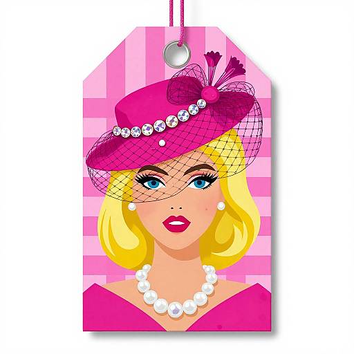 Bold, digital illustration of a blonde woman with blue eyes, wearing a pink hat adorned with pearls and a net, matching pink dress, white pearl necklace