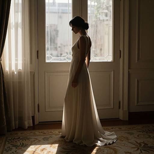 Silhouetted bride in white, sleeveless gown stands in sunlit room, back to the door, with patterned carpet and curtains. Photograph