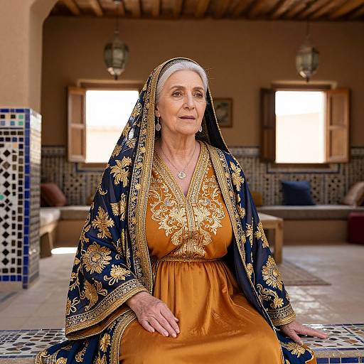 Photograph of an elderly woman with white hair, wearing an ornate black and gold robe over an orange dress, sitting in a sunlit, tiled