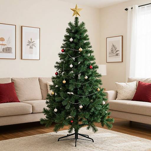 Photograph of a decorated Christmas tree with gold star, red and gold ornaments, in a bright living room with beige sofas, white walls, and framed