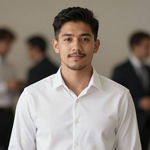 Photograph of a young man with short black hair, light brown skin, and a mustache, wearing a white button-up shirt, standing in a