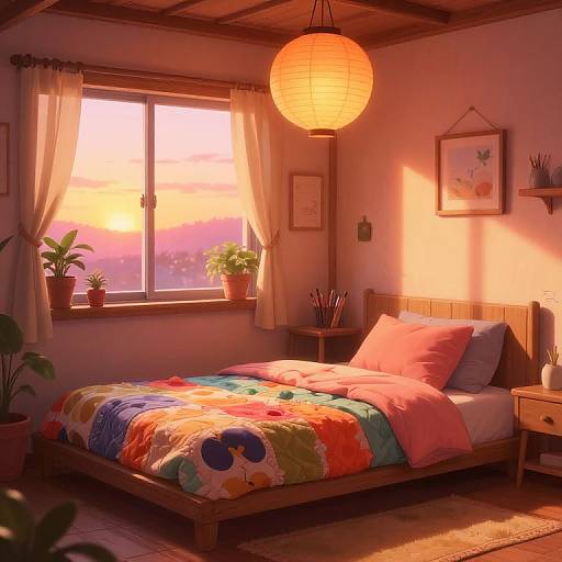 Cozy Anime Bedroom with Sunset Glow