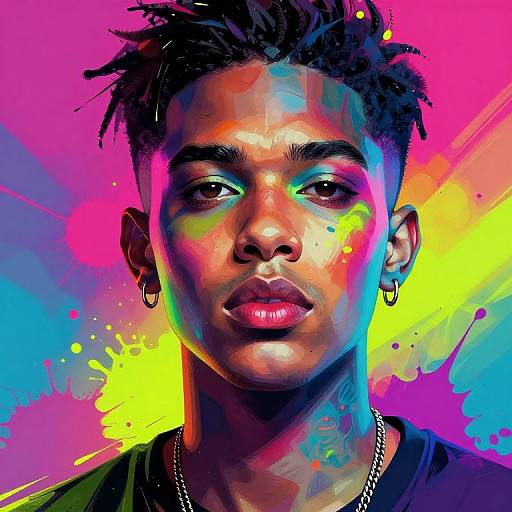 Digital portrait of a young Black man with short, spiky hair, colorful splashes of pink, yellow, blue, and purple background, wearing a