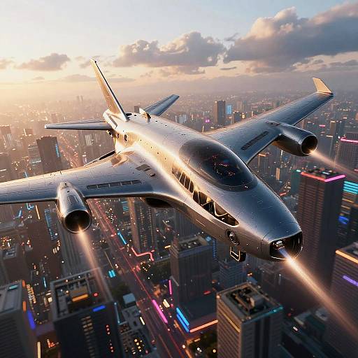 Futuristic RAF4 Aircraft Over Cyberpunk City