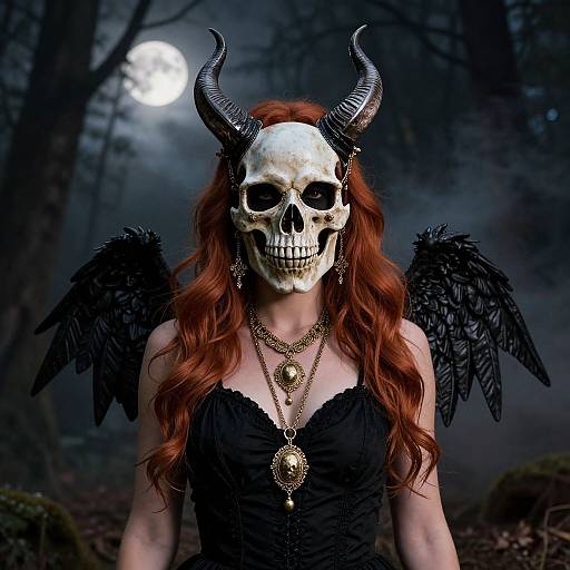 Photograph of a pale woman with red hair, black feathered wings, black horns, skull mask, and black lace dress, moonlit forest background