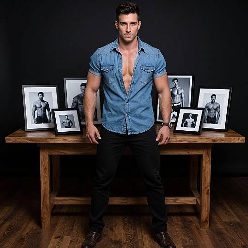 Photograph of a muscular, attractive man in an unbuttoned blue denim shirt, standing in front of a wooden table with black-and-white framed photos