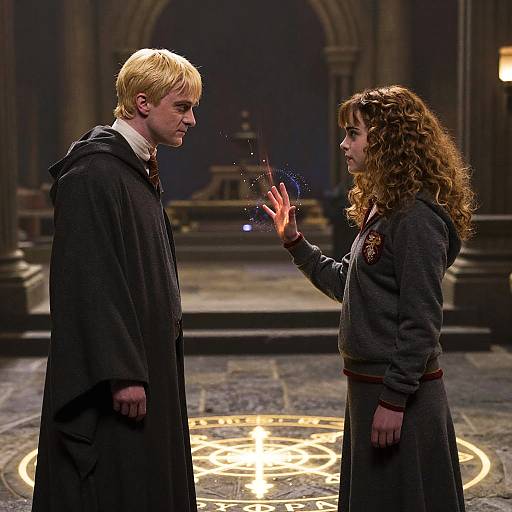 Photograph of two Hogwarts students in dark robes; blonde boy with white shirt, curly-haired girl casting magic spell on stone floor.