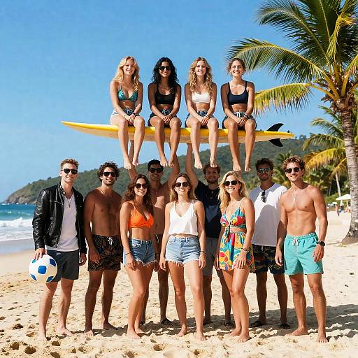 Joyful Beach Gathering with Surfboard