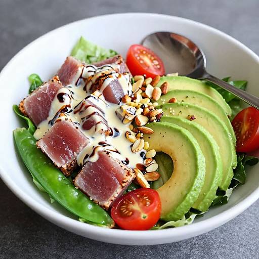 Photograph of a white bowl containing avocado slices, cherry tomatoes, prosciutto, and a creamy dressing with chopped nuts and a spoon.