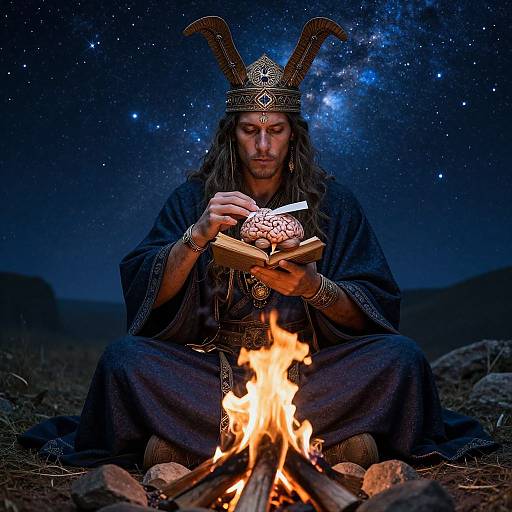 Photograph: Long-haired man in black robe and ornate headpiece reading a book by a campfire under a starry night sky.