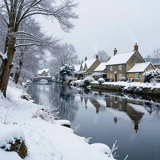 Photograph of a snowy, tranquil village scene with snow-covered houses, a reflective river, and bare trees, under a white, overcast sky.