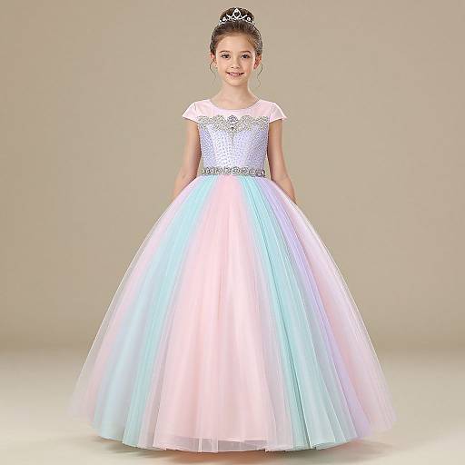 Young girl in a sparkling white ball gown with a tiara, smiling, standing against a beige background, wearing a short-sleeved bodice.