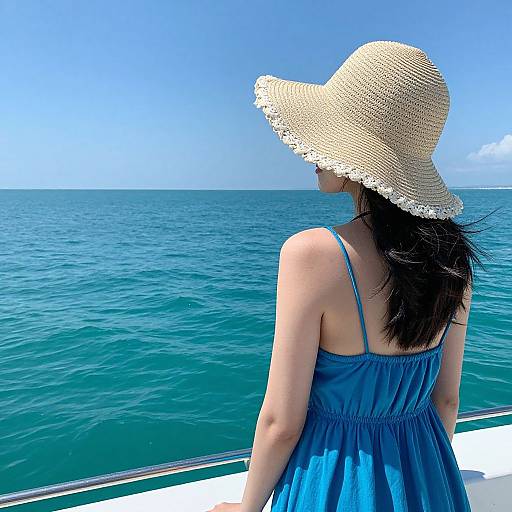 Photograph of an Asian woman with black hair, wearing a wide-brimmed straw hat and blue sundress, standing on a boat, facing a
