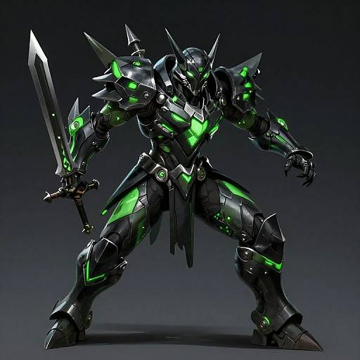 Digital illustration of a futuristic, black and green armored warrior with glowing accents, holding a large sword, standing in a dynamic stance against a dark gradient background