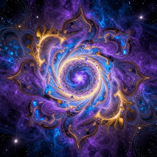 Digital art of a vibrant, swirling galaxy with a bright blue-white core, surrounded by purple and gold tendrils, set against a starry, dark