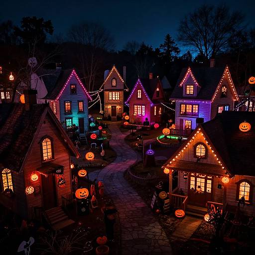 Photograph of a nighttime neighborhood with Halloween-decorated houses, illuminated with colorful lights, glowing jack-o'-lanterns, and a winding cob