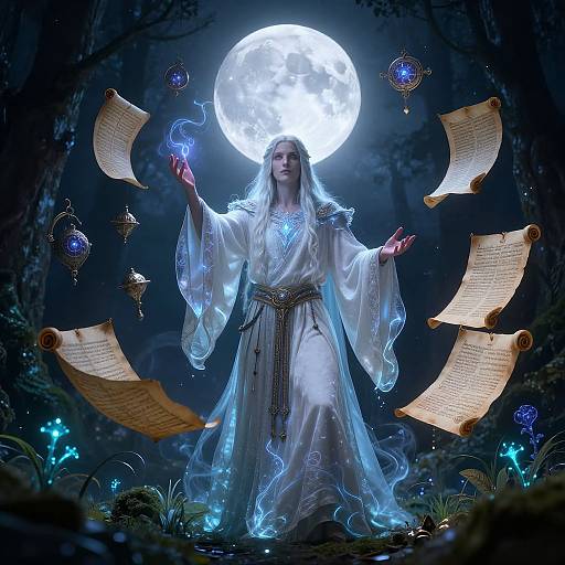 Digital artwork of a mystical woman in flowing, glowing white robe, holding blue orbs, surrounded by floating scrolls under a luminous full moon in a dark