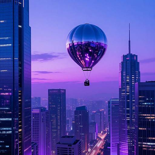 Photograph of a purple, reflective hot air balloon hovering above a vibrant, neon-lit cityscape of tall skyscrapers at dusk.