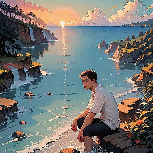 Digital illustration of a young man in a white shirt and black shorts, sitting on a rocky cliff at sunset, overlooking a serene, scenic ocean with cliffs