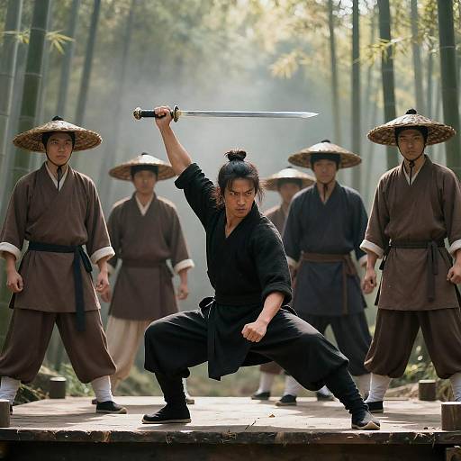 Martial Artist Confrontation in Bamboo Forest