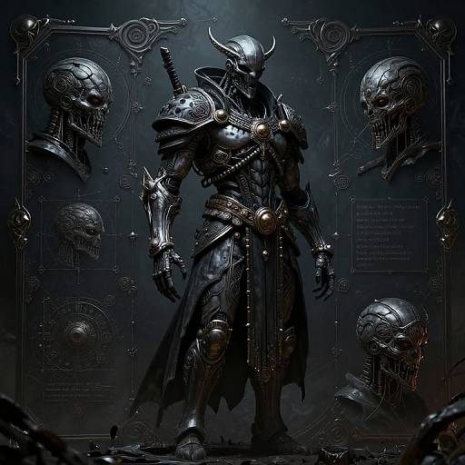 Digital artwork of a dark, armored warrior with a horned helmet, standing between four eerie, metallic skulls in a futuristic, blue-lit frame.