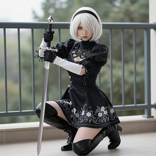 Cosplayer in Black Dress Holding Sword on Balcony