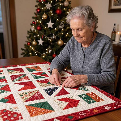 Elderly woman with gray hair, wearing blue sweater, quilts Christmas patchwork quilt, decorated Christmas tree in background, warm indoor light. Phot