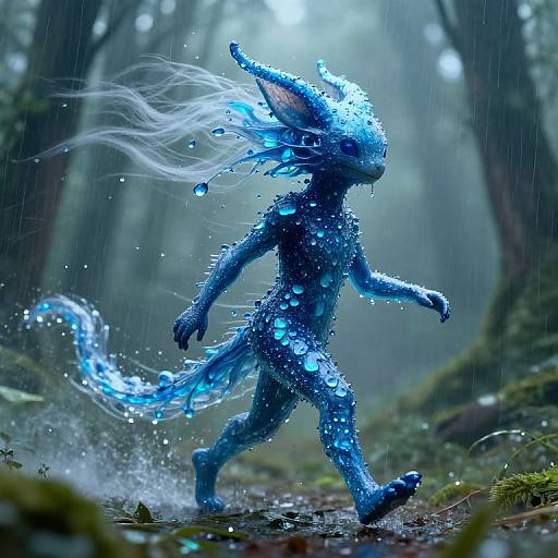 Digital art of a blue, water-covered, anthropomorphic creature with fin-like ears and a flowing tail, running through a misty, rain-filled forest