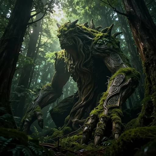 Digital fantasy art: towering, moss-covered, horned forest creature with intricate, tribal arm tattoos, crouching in a sunlit, dense forest
