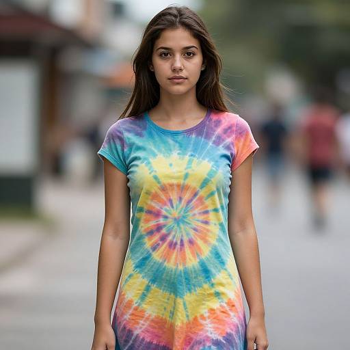 Photograph of a young woman with long brown hair wearing a vibrant tie-dye t-shirt, standing on a blurred street.