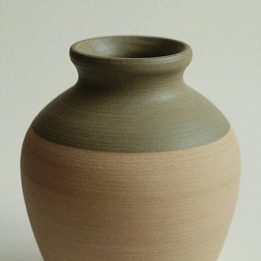 Photograph of a rustic, handcrafted ceramic vase with a dark greenish top and light brown body, featuring textured surfaces and a narrow neck.