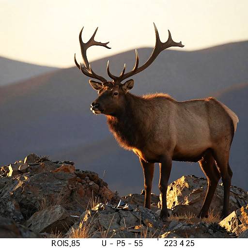 Photograph of a majestic elk with large antlers standing on rocky terrain at sunset, with mountains and a bright sky in the background.
