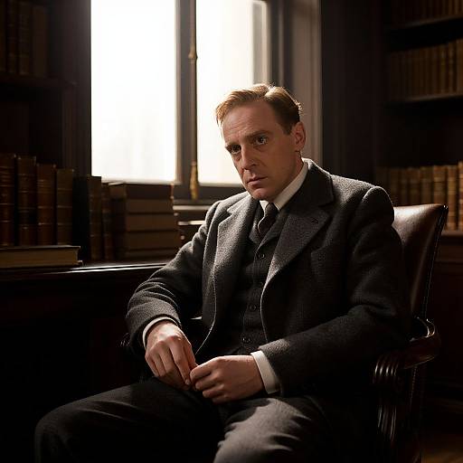 Photograph of a serious-looking man in a dark gray three-piece suit, sitting in a leather chair, illuminated by bright light from a window in a
